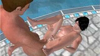 Three sexy big cocked 3D hunks have anal sex in the park porn video